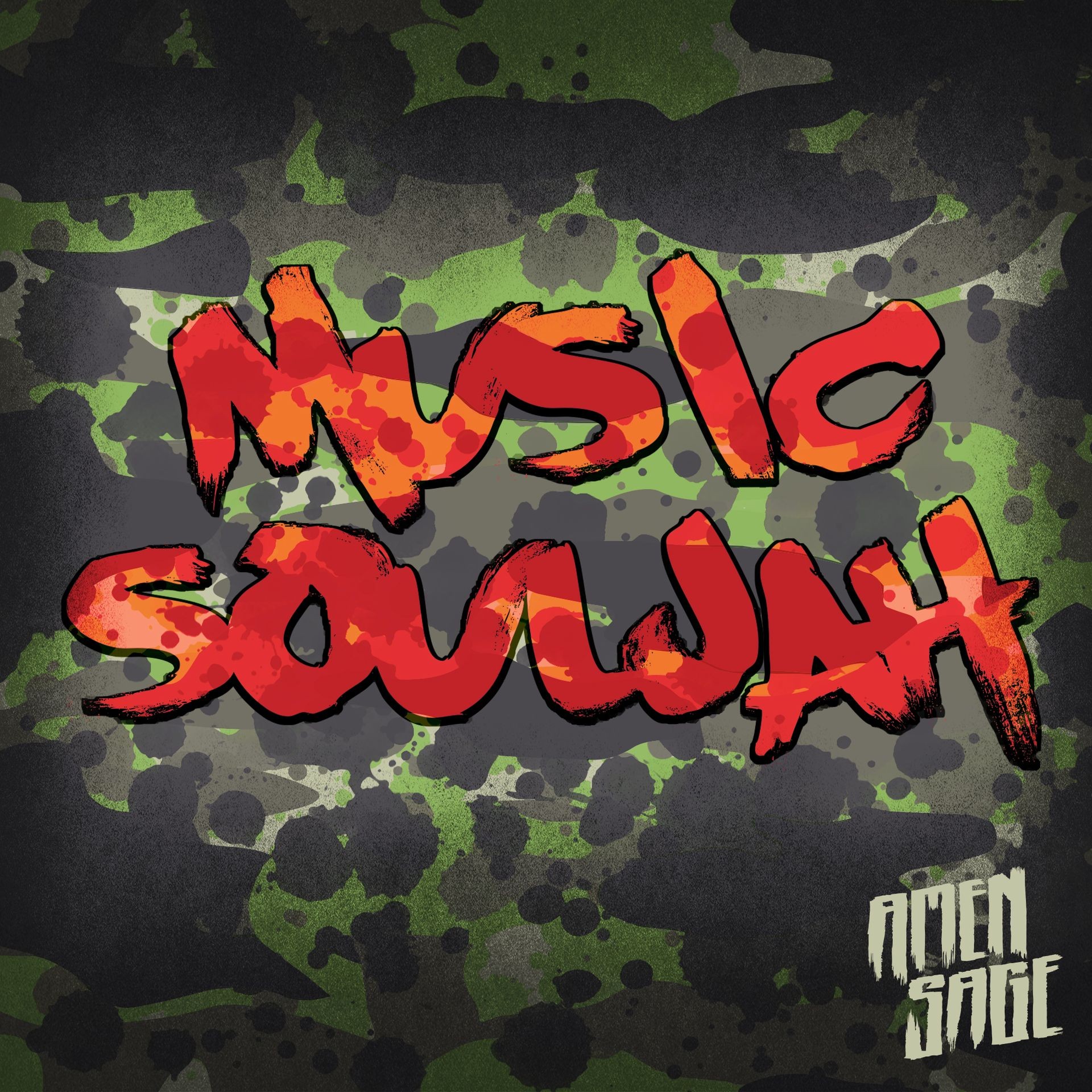 Colorful graffiti-style text 'Music Souvah' on a dark camouflage background.