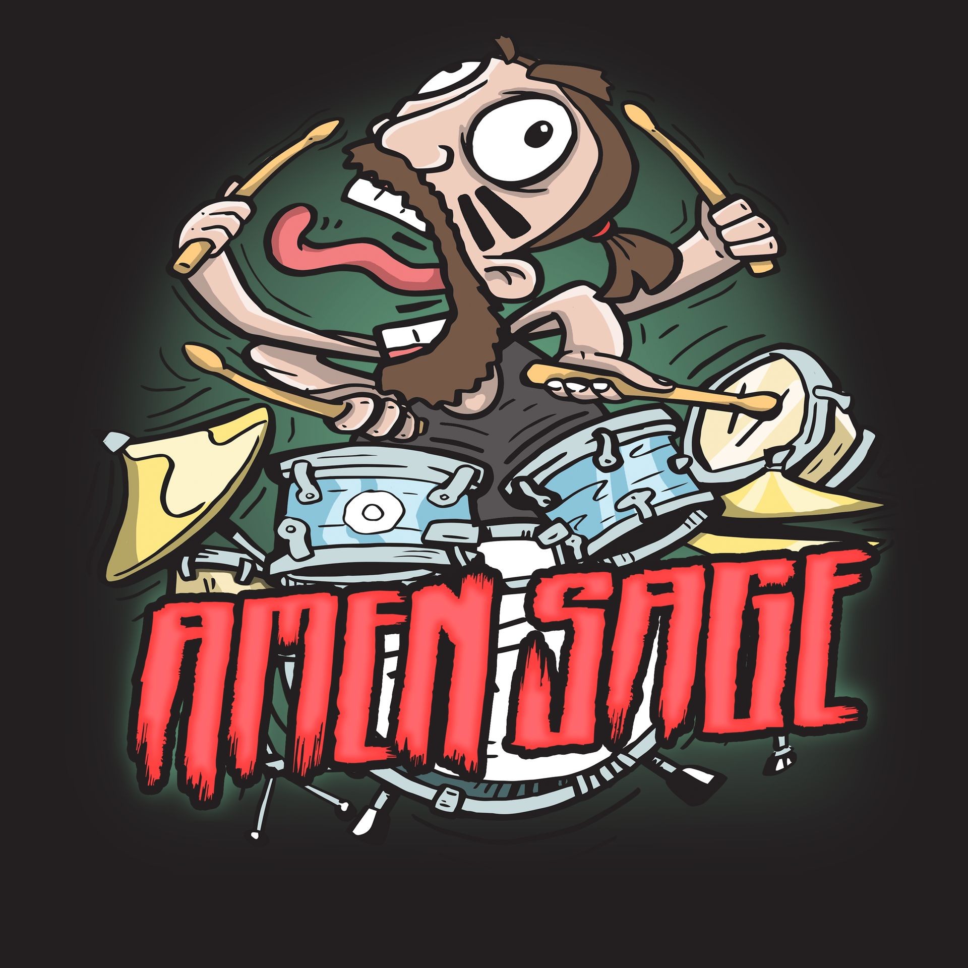 Cartoon drummer enthusiastically playing a drum set with 'Amen Sage' text below.