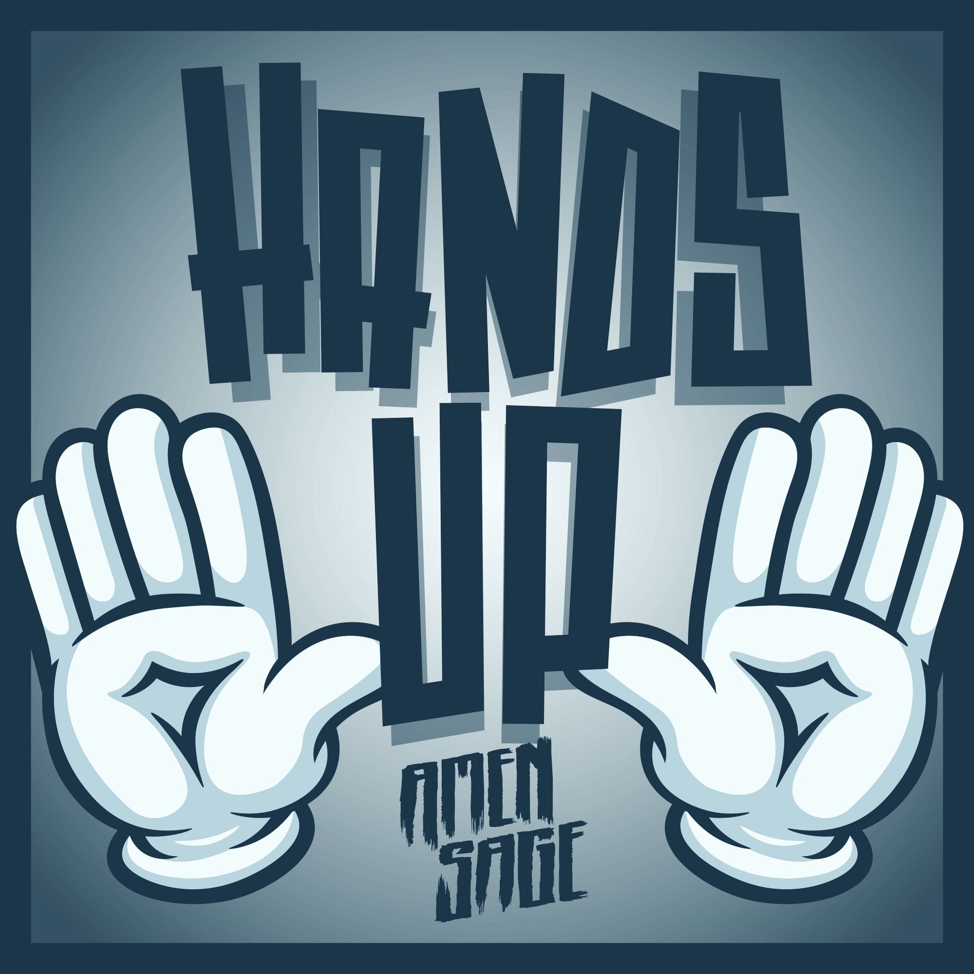 Illustration with 'Hands Up' text and cartoon hands upraised, blue gradient background.